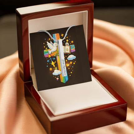 Rainbow Cross Open Bible | Christian Engraved 4-Sided Stick Necklace | Gift for Kids