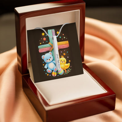 Rainbow Cross Teddy Bear | Christian Engraved 4-Sided Stick Necklace | Gift for Kids