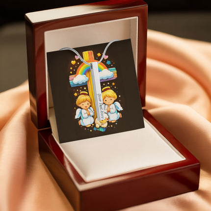 Rainbow Cross Cherub Angels | Christian Engraved 4-Sided Stick Necklace | Gift for Kids