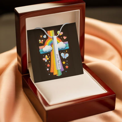 Rainbow Cross Butterfly | Christian Engraved 4-Sided Stick Necklace | Gift for Kids