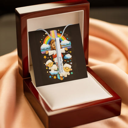 Rainbow Cross Jesus And Lamb | Christian Engraved 4-Sided Stick Necklace | Gift for Kids