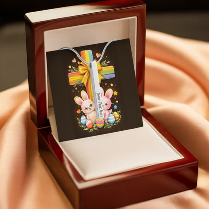 Rainbow Cross Bunnies | Christian Engraved 4-Sided Stick Necklace | Gift for Kids