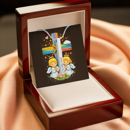 Rainbow Cross Angel Twins | Christian Engraved 4-Sided Stick Necklace | Gift for Kids
