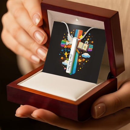 Rainbow Cross Open Bible | Christian Engraved 4-Sided Stick Necklace | Gift for Kids