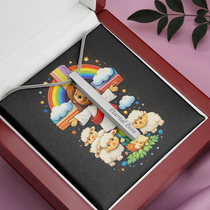 Jesus With the Sheep - Engraved 4-Sided Stick Necklace – Christian Gift for Kids