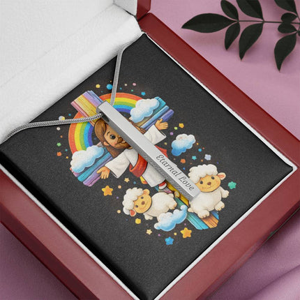 Jesus & Little Lambs Rainbow Engraved Bar Necklace – Christian Gift for Kids