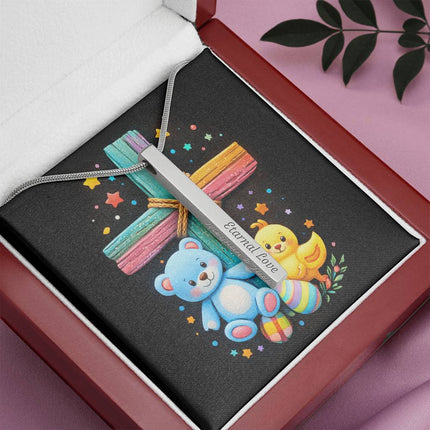 Rainbow Cross Teddy Bear & Chick Engraved Bar Necklace – Christian Gift for Kids