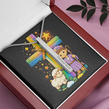 Shepherd Boy & Lamb Rainbow Cross Engraved Bar Necklace – Christian Gift for Kids