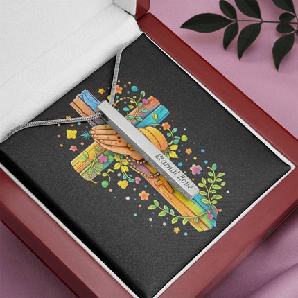 Praying Hands & Rosary Rainbow Cross Engraved Bar Necklace – Christian Gift for Kids