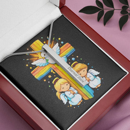 Dove & Praying Angels Rainbow Cross Engraved Bar Necklace – Christian Gift for Kids