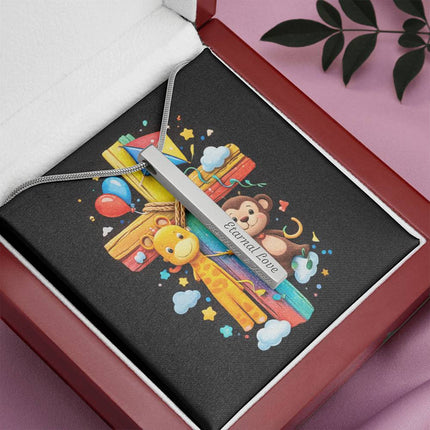 Giraffe & Monkey Rainbow Cross Engraved Bar Necklace – Christian Gift for Kids