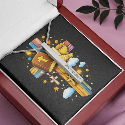 First Communion Bible & Chalice Engraved Bar Necklace – Christian Gift for Kids