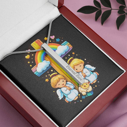 Angels & Lamb Rainbow Cross Engraved Bar Necklace – Christian Gift for Kids