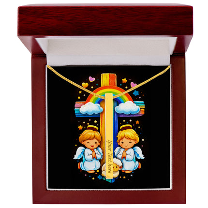 Rainbow Cross Cherub Angels | Christian Engraved 4-Sided Stick Necklace | Gift for Kids