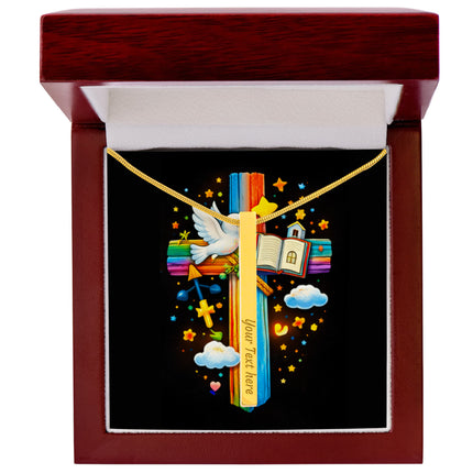 Rainbow Cross Open Bible | Christian Engraved 4-Sided Stick Necklace | Gift for Kids