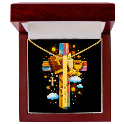 Rainbow Cross Bible And Cross | Christian Engraved 4-Sided Stick Necklace | Gift for Kids