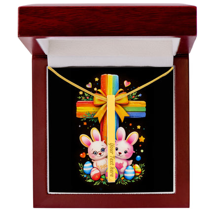 Rainbow Cross Bunnies | Christian Engraved 4-Sided Stick Necklace | Gift for Kids
