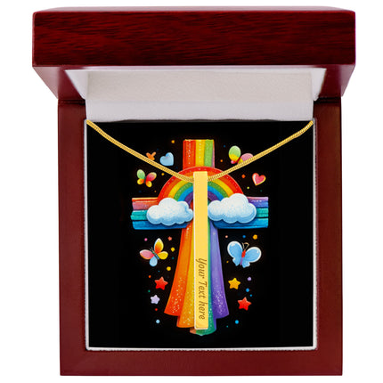 Rainbow Cross Butterfly | Christian Engraved 4-Sided Stick Necklace | Gift for Kids