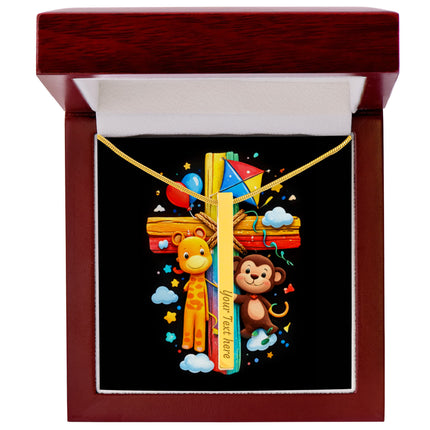 Rainbow Cross Jungle Animals | Christian Engraved 4-Sided Stick Necklace | Gift for Kids