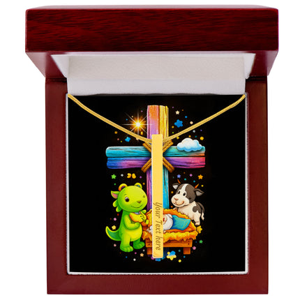 Rainbow Cross Frog And Cow | Christian Engraved 4-Sided Stick Necklace | Gift for Kids