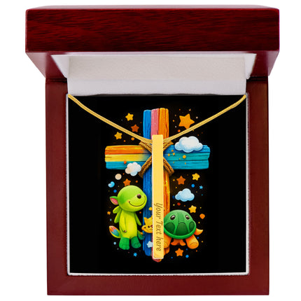 Rainbow Cross Turtle | Christian Engraved 4-Sided Stick Necklace | Gift for Kids