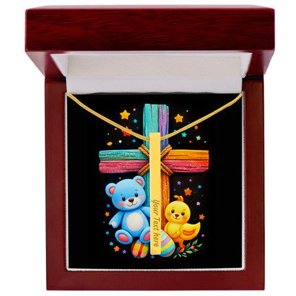 Rainbow Cross Teddy Bear | Christian Engraved 4-Sided Stick Necklace | Gift for Kids