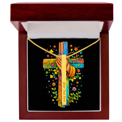 Rainbow Cross Praying Hands | Christian Engraved 4-Sided Stick Necklace | Gift for Kids