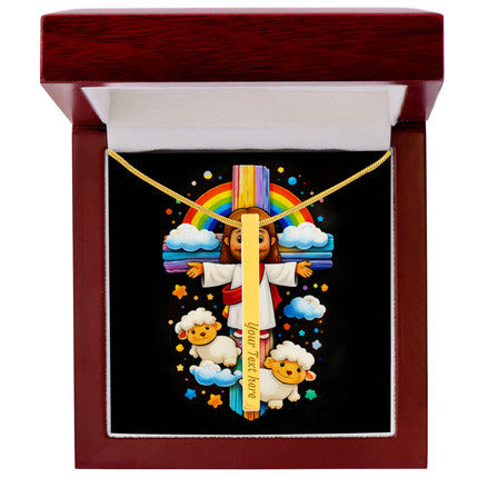 Rainbow Cross Jesus And Lamb | Christian Engraved 4-Sided Stick Necklace | Gift for Kids