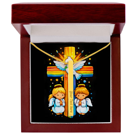 Rainbow Cross Angels And Dove | Christian Engraved 4-Sided Stick Necklace | Gift for Kids