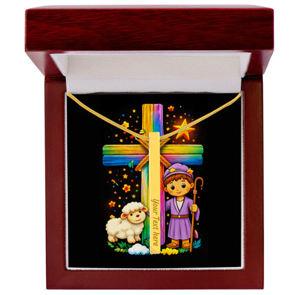 Rainbow Cross Little Shepherd | Christian Engraved 4-Sided Stick Necklace | Gift for Kids