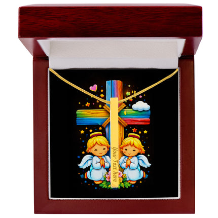 Rainbow Cross Angel Twins | Christian Engraved 4-Sided Stick Necklace | Gift for Kids