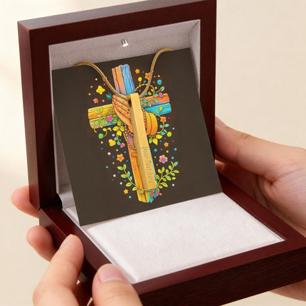 Rainbow Cross Praying Hands | Christian Engraved 4-Sided Stick Necklace | Gift for Kids