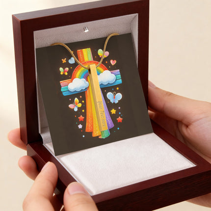 Rainbow Cross Butterfly | Christian Engraved 4-Sided Stick Necklace | Gift for Kids