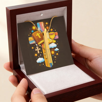 Rainbow Cross Bible And Cross | Christian Engraved 4-Sided Stick Necklace | Gift for Kids