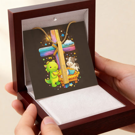 Rainbow Cross Frog And Cow | Christian Engraved 4-Sided Stick Necklace | Gift for Kids