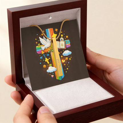 Rainbow Cross Open Bible | Christian Engraved 4-Sided Stick Necklace | Gift for Kids