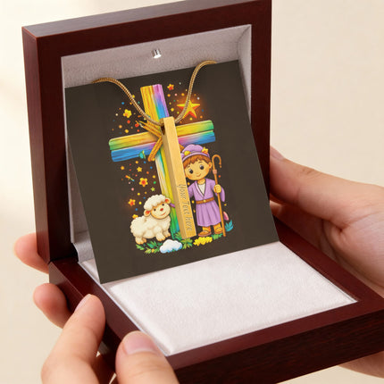Rainbow Cross Little Shepherd | Christian Engraved 4-Sided Stick Necklace | Gift for Kids