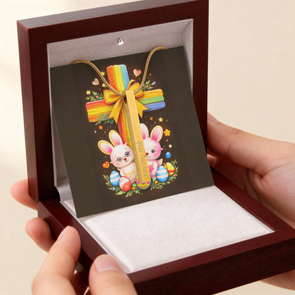 Rainbow Cross Bunnies | Christian Engraved 4-Sided Stick Necklace | Gift for Kids
