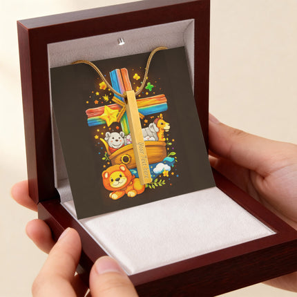 Rainbow Cross Noahs Ark | Christian Engraved 4-Sided Stick Necklace | Gift for Kids