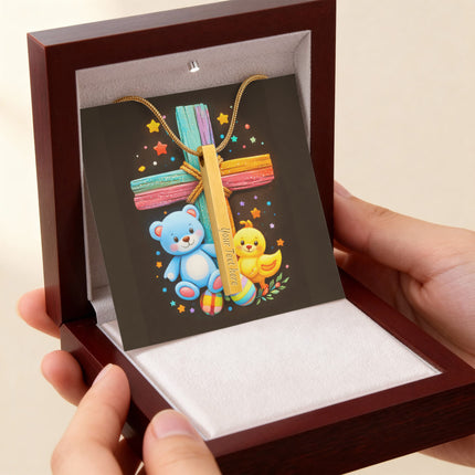 Rainbow Cross Teddy Bear | Christian Engraved 4-Sided Stick Necklace | Gift for Kids