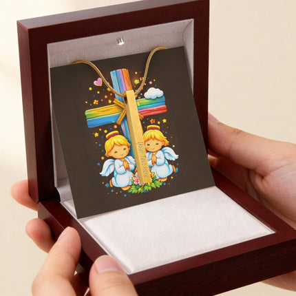 Rainbow Cross Angel Twins | Christian Engraved 4-Sided Stick Necklace | Gift for Kids