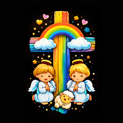 Angels & Lamb Rainbow Cross Engraved Bar Necklace – Christian Gift for Kids