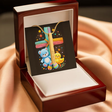 Rainbow Cross Teddy Bear | Christian Engraved 4-Sided Stick Necklace | Gift for Kids