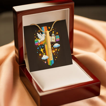 Rainbow Cross Open Bible | Christian Engraved 4-Sided Stick Necklace | Gift for Kids