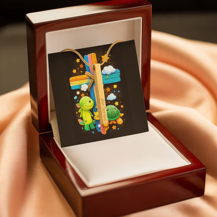 Rainbow Cross Turtle | Christian Engraved 4-Sided Stick Necklace | Gift for Kids