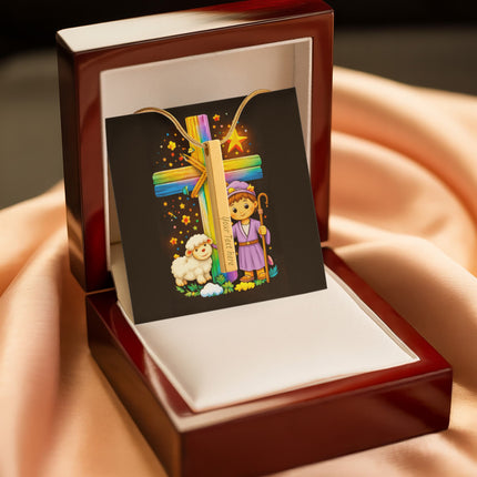 Rainbow Cross Little Shepherd | Christian Engraved 4-Sided Stick Necklace | Gift for Kids