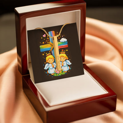 Rainbow Cross Angel Twins | Christian Engraved 4-Sided Stick Necklace | Gift for Kids