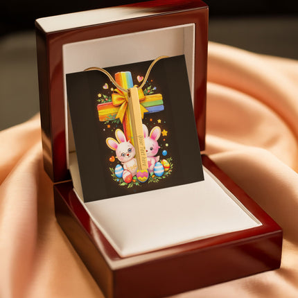 Rainbow Cross Bunnies | Christian Engraved 4-Sided Stick Necklace | Gift for Kids