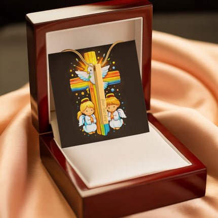 Rainbow Cross Angels And Dove | Christian Engraved 4-Sided Stick Necklace | Gift for Kids