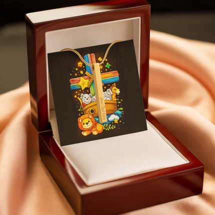 Rainbow Cross Noahs Ark | Christian Engraved 4-Sided Stick Necklace | Gift for Kids